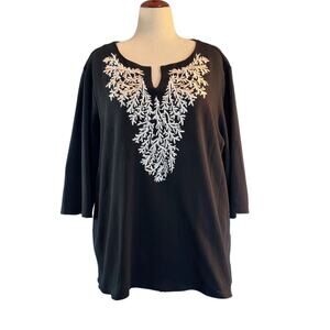 Quaker Factory by Jeanne Bice Pullover Black Cotton Knit Top White Embroidery 3X